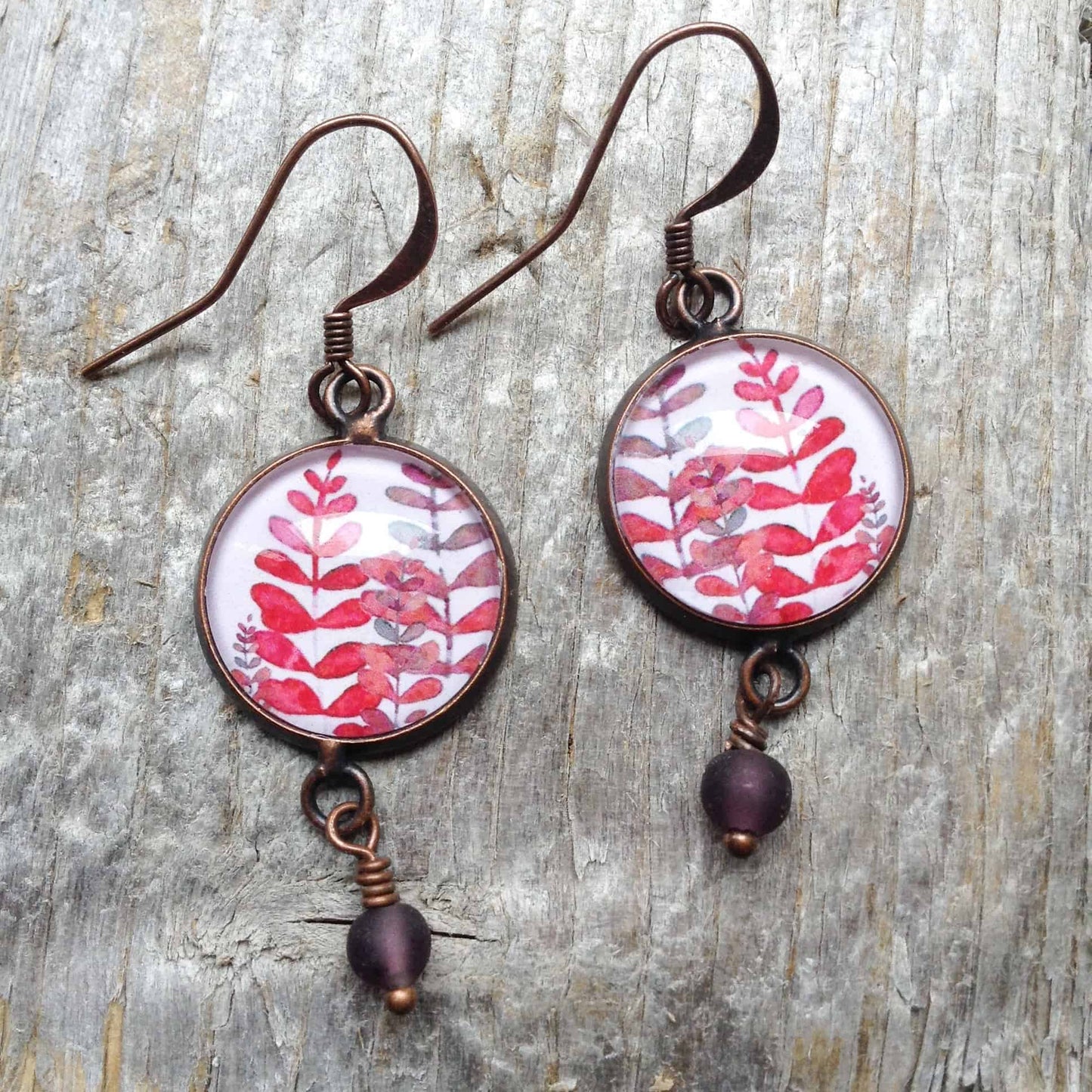 Boucles d'oreilles pendantes rondes collection Mabon Feuilles Roses et mauves