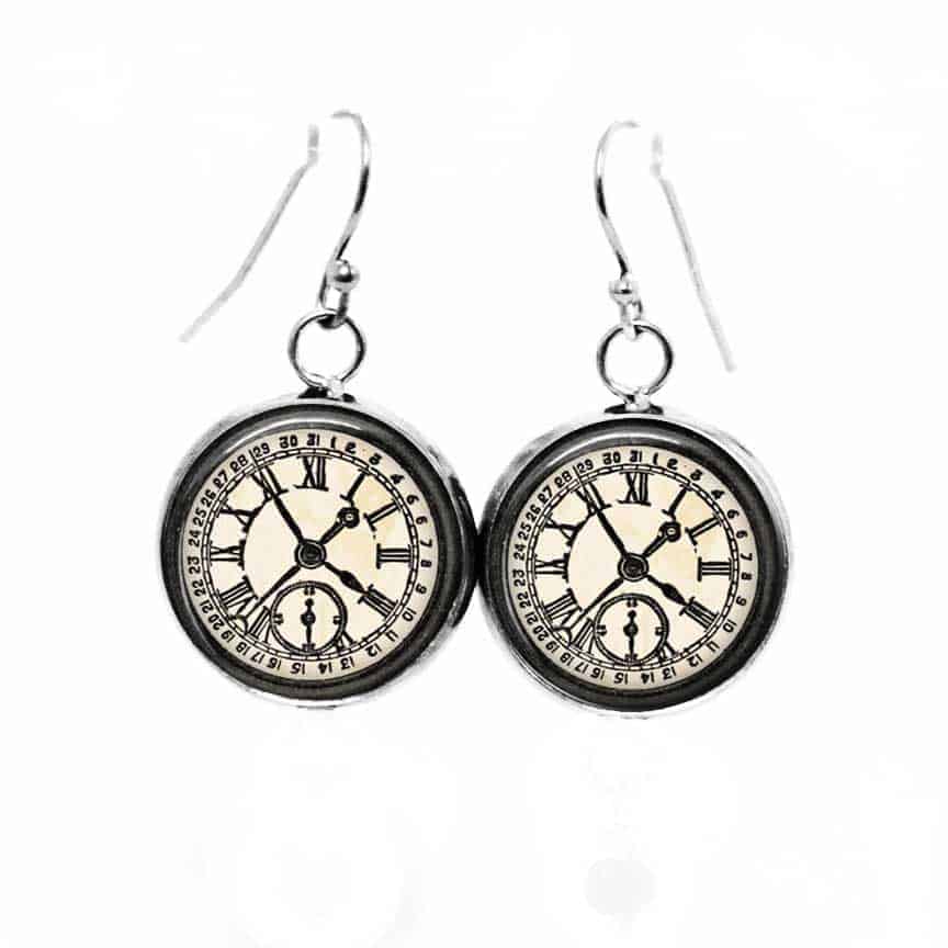 Boucles d'oreilles pendantes Thème Horloge Vintage noir et blanc