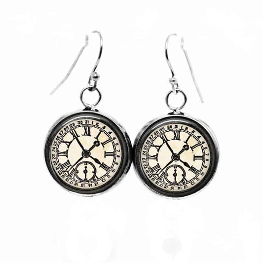 Boucles d'oreilles pendantes Thème Horloge Vintage noir et blanc