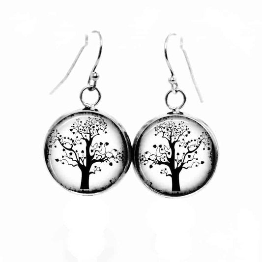 Boucles d'oreilles pendantes Thème Arbre de la Vie en noir et blanc