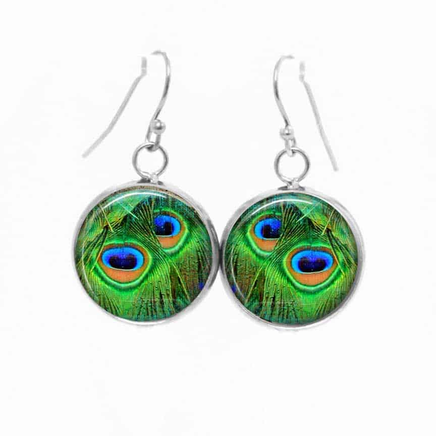 Boucles d'oreilles pendantes Thème plume de Paon Turquoise et vert emmeraude