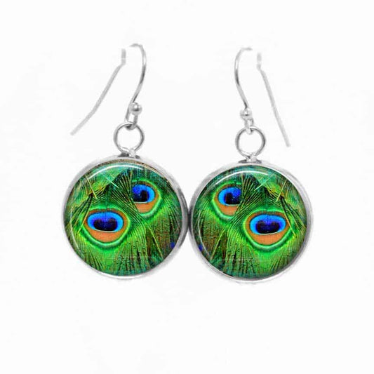 Boucles d'oreilles pendantes Thème plume de Paon Turquoise et vert emmeraude