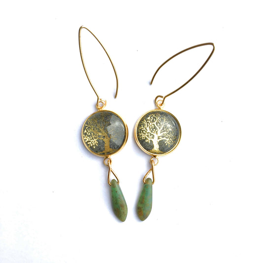 Boucles d'oreilles "Arbre de la vie" en or et vert sauge