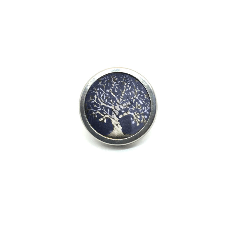 Bouton - cabochon 25mm pour bijoux personnalisables avec le thème arbre de la vie argent et bleu marine