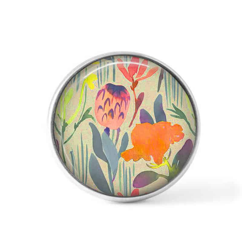 Bouton cabochon clipsable pour bijoux interchangeables : motif floral orange et rose