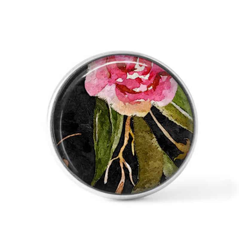 Bouton cabochon clipsable pour bijoux interchangeables : motif boho floral sur fond noir - Rose