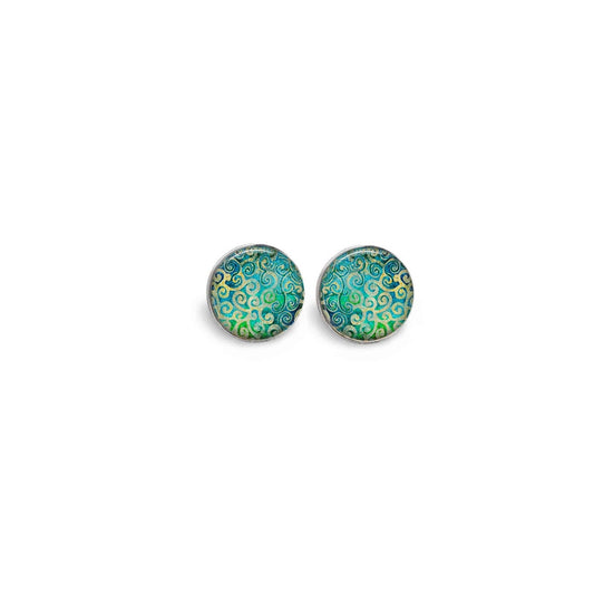 Clous d'oreilles sur le thème des spirales vert aqua et turquoise