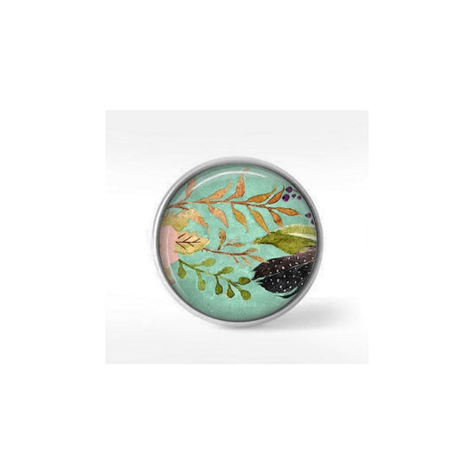 Bouton cabochon clipsable pour bijoux interchangeables : motif boho floral sur fond vert d'eau - fleurs roses et feuilles