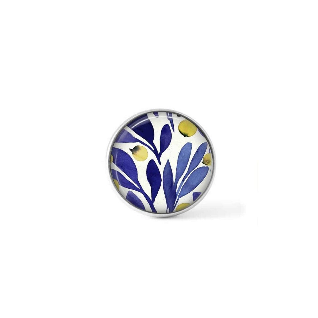 Bouton cabochon clipsable pour bijoux interchangeables : motif floral indigo et jaune