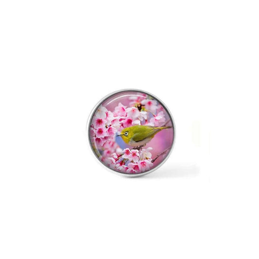 Bouton cabochon clipsable pour bijoux interchangeables : Oiseau verdier et fleurs de cerisier