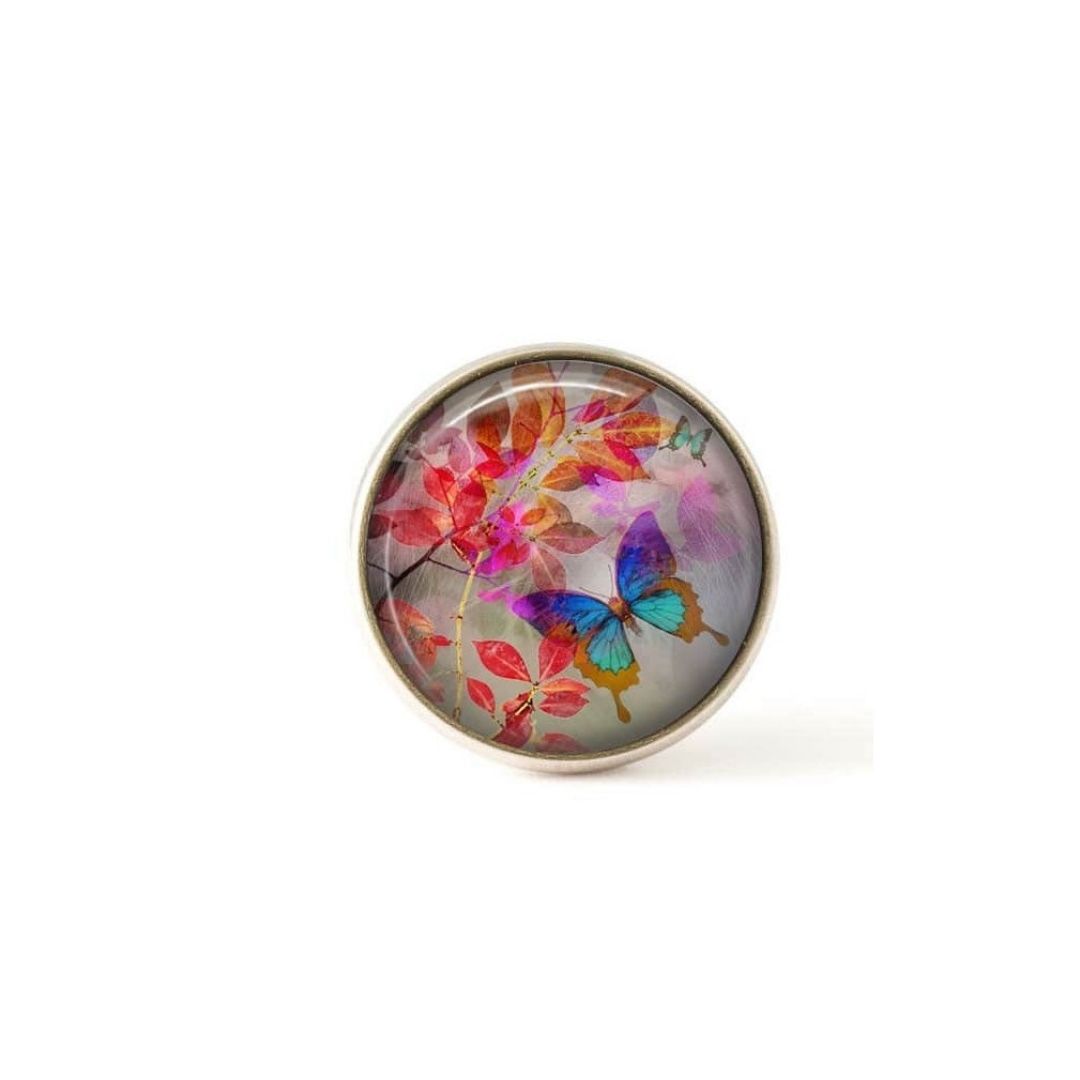 Bouton / Cabochon pour bijoux interchangeables-feuillage rouge et papillon