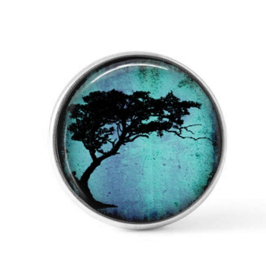 Cabochon à bouton pression pour bijoux interchangeables avec un thème de tortillis d'acacia sur fond turquoise vif