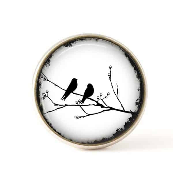 Bouton / Cabochon pour bijoux interchangeables- Oiseau sur la branche Blanc.