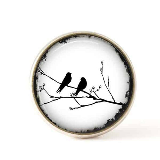 Bouton / Cabochon pour bijoux interchangeables- Oiseau sur la branche Blanc.