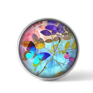 Bouton / Cabochon pour bijoux interchangeables-Summertime feuillage bleu et papillon