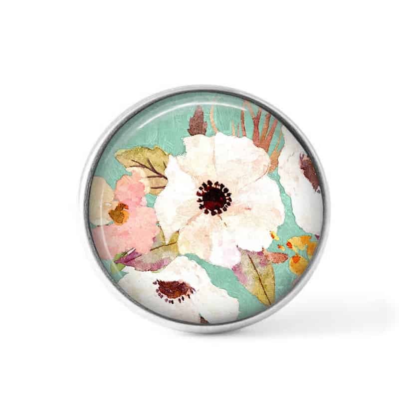 Bouton cabochon clipsable pour bijoux interchangeables : motif boho floral vert d'eau et fleurs blanches