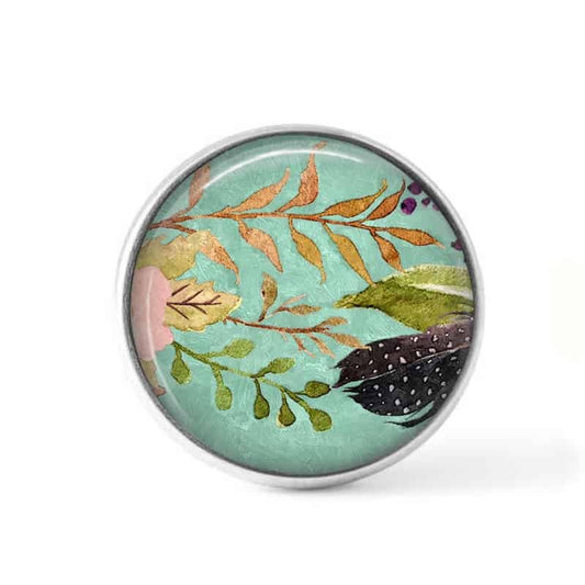Bouton cabochon clipsable pour bijoux interchangeables : motif boho floral sur fond vert d'eau - fleurs roses et feuilles