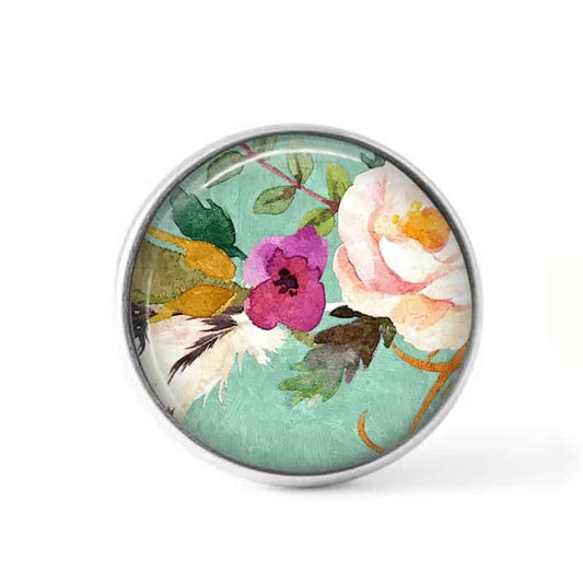 Bouton cabochon clipsable pour bijoux interchangeables : motif boho floral fond vert d'eau fleur rose