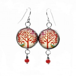 Boucles d'oreilles fantaisie pendantes avec le thème arbre de la vie rouge