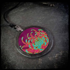 Slate necklace with turquoise and Indian pink Chrysanthemum flower theme