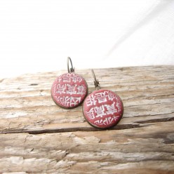 French wire earrings with a red and white japanese writing impression in red cinnabar cla