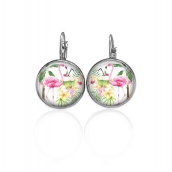 Lever-back earrings with a tropical pink flamingo theme in pinks and greens 