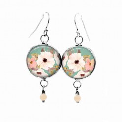 Beaded dangle earrings with a boho floral theme: white flower and water-green