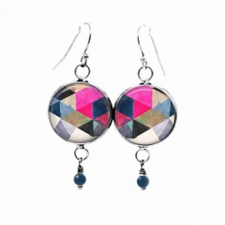 Watercolor triangles themed dangle earrings in hot pink, navy and black