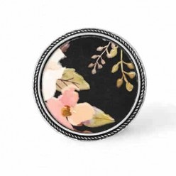 Bouton - cabochon en forme de Cadre en 30mm pour collier interchangeable : thème boho floral sur fond noir - fleurs roses et feu