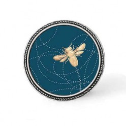 Bouton - cabochon en forme de Cadre en 30mm pour collier interchangeable : thème abeille sur un fond bleu sarcelle profond