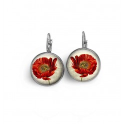 Lever-back earrings with a large botanical Poppy theme (close up)