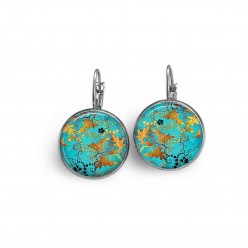 French sleeper style earrings with a turquoise and gold abstract theme.