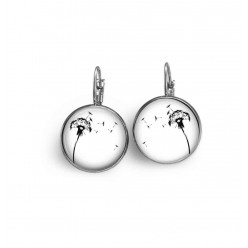 French wire or sleepers earrings with black and white dandelion theme