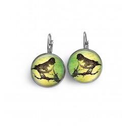 French sleeper style earrings with a stamped bird on an anise colored background.