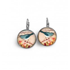 French sleeper earrings: Teal bird on the branch vintage style