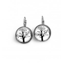 Boucles d'oreilles dormeuses avec theme "L'arbre de la Vie" noir et blanc