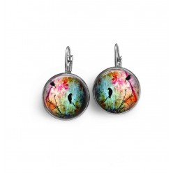 French wire earrings with birds on a branch theme in mulricolour