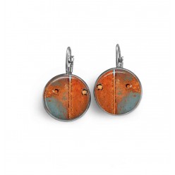 Lever-back earrings with an abstract rust orange and celadon green pattern