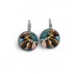 Lever-back earrings with a tribal abstract pattern in brown and turquoise
