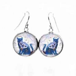 Cat dangle earrings with a blue floral cat theme