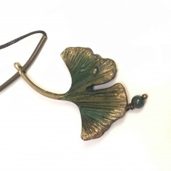 Ginkgo Biloba leaf necklace with ink-painted porcelaine