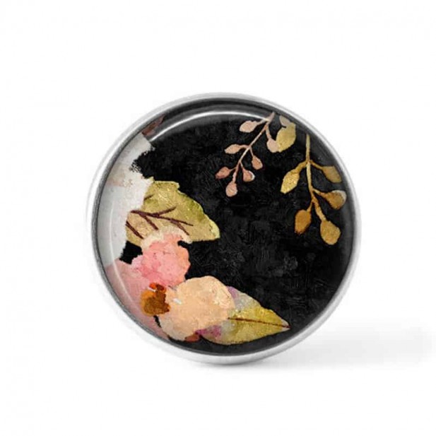 Bouton cabochon clipsable pour bijoux interchangeables : motif boho floral sur fond noir - fleurs roses et feuilles