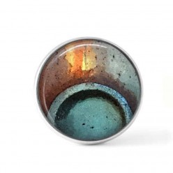 Button cabochon clip for interchangeable jewels with a round turquoise blue and rust abstract pattern