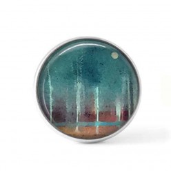 Button cabochon clip for interchangeable jewelry with an abstract pattern "forest and moon" in brown and turquoise