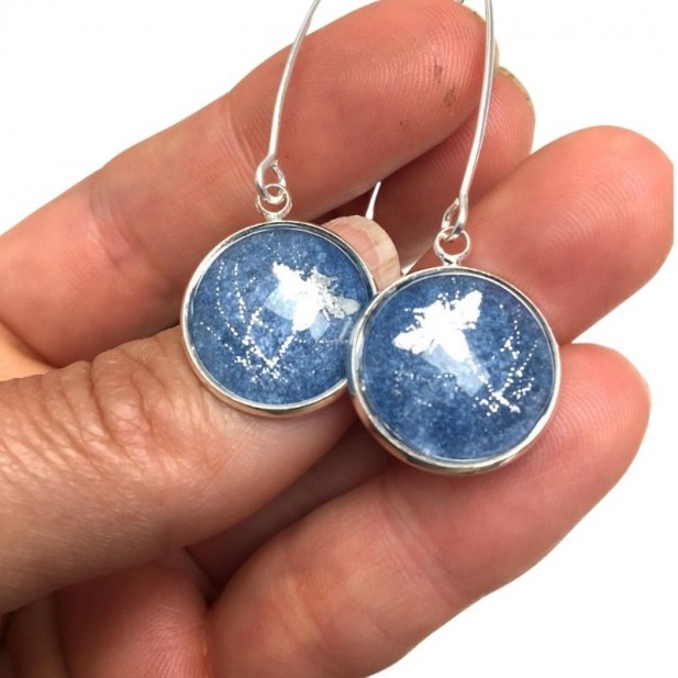 Bumble bee blue and silver dangle earrings