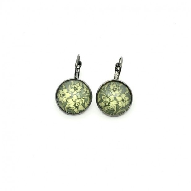 Sage green and yellow daffodil lever-back earrings