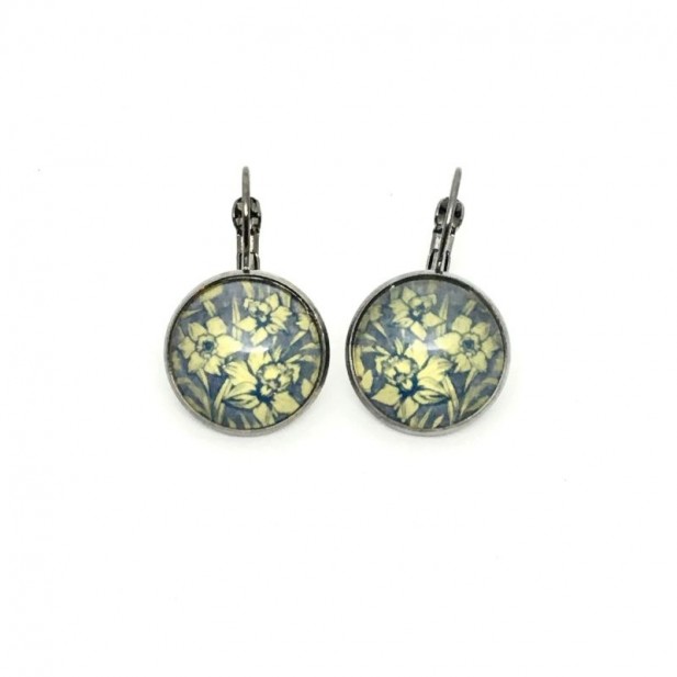 Grey blue and yellow daffodil lever-back earrings