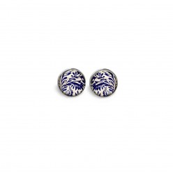 Stud earrings with a navy blue and white floral porcelain theme