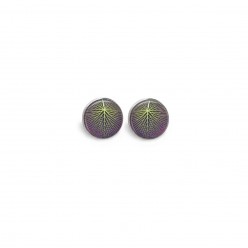 Stud earrings with a giant lotus leaf in a purple and green background
