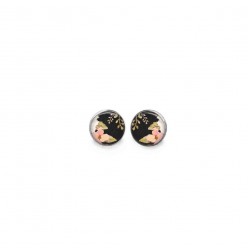 Stud earrings with the theme floral boho motif on a black background - pink flowers and leaves